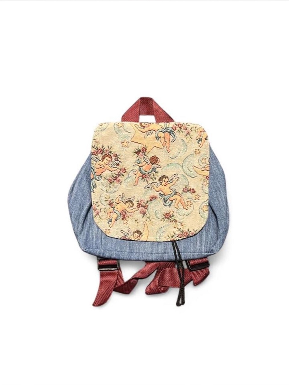 Blue denim Mini Backpack  bag with floral and cherub print
